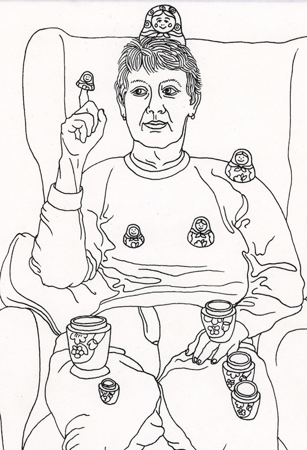 Zeichnung einer älteren Dame im Sessel mit Matjroschkapuppen.