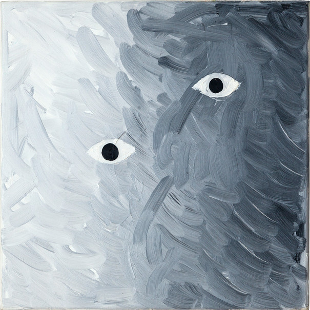 Painting by Lizza May David in shades of grey with displaced eyes.