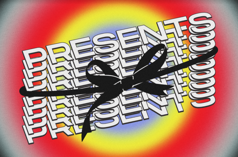 The word “Presents” is written multiple times in white, with a big black bow wrapped around it.  The background is a radiant, rainbow-like gradient.