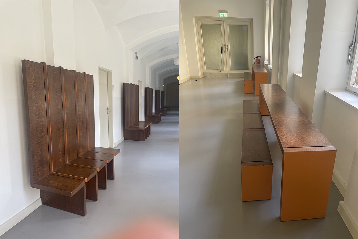 Zwei Bilder von Sitzgelegenheiten nebeneinander