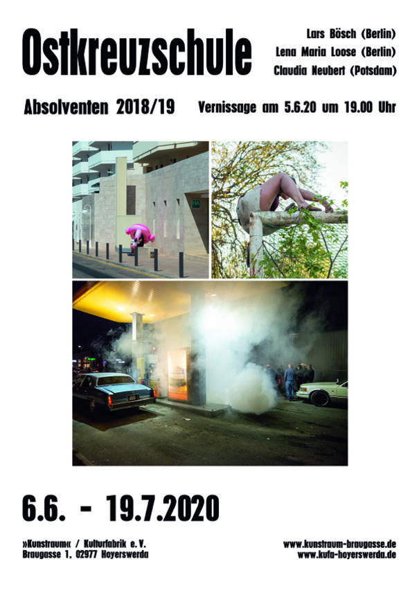 Flyerwith exhibition information and a collage with photographies from all three graduates