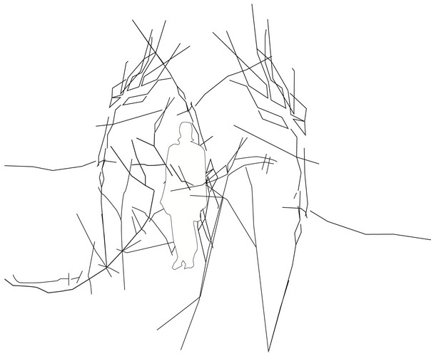 Outlines of a person in an abstract mesh.