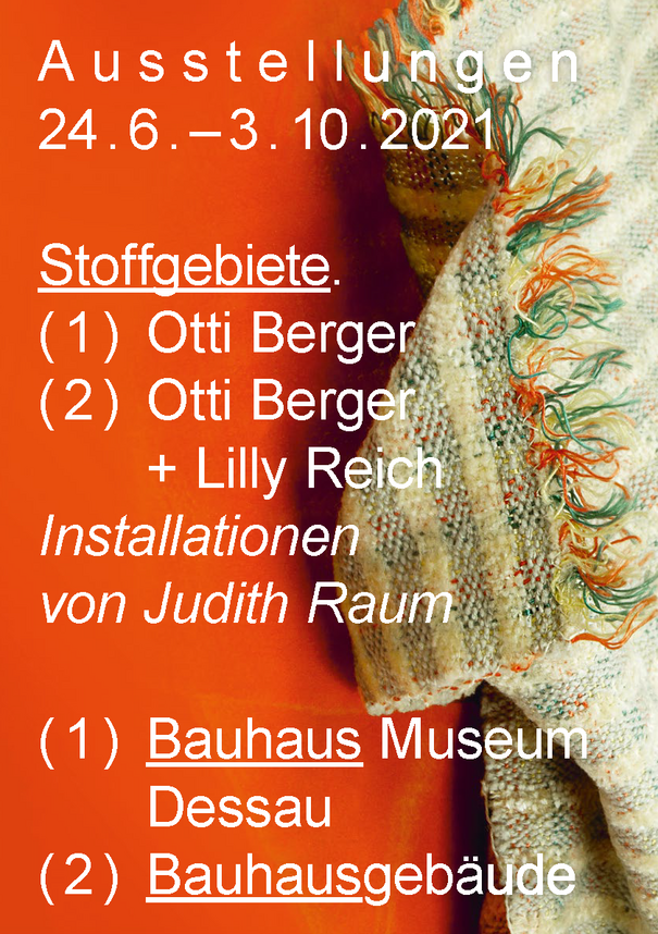 orangefarbenes Ausstellungsplakat mit Teppich und Schriftzug