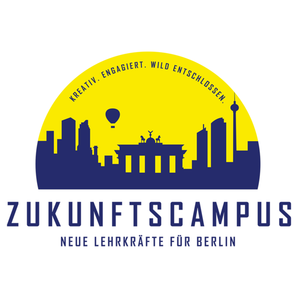 Logo Zukunftscampus - Neue Lehrkräfte für Berlin - Berlinsilhouette, Slogan: kreativ, engagagiert, wild entschlossen