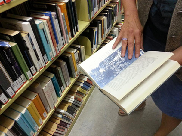 Ausschnitt der Arbeit &quot;Löwen im Holz&quot; der Künstlerin Juliane Laitzsch zeigt ein aufgeschlagenes Buch in Bibliothek