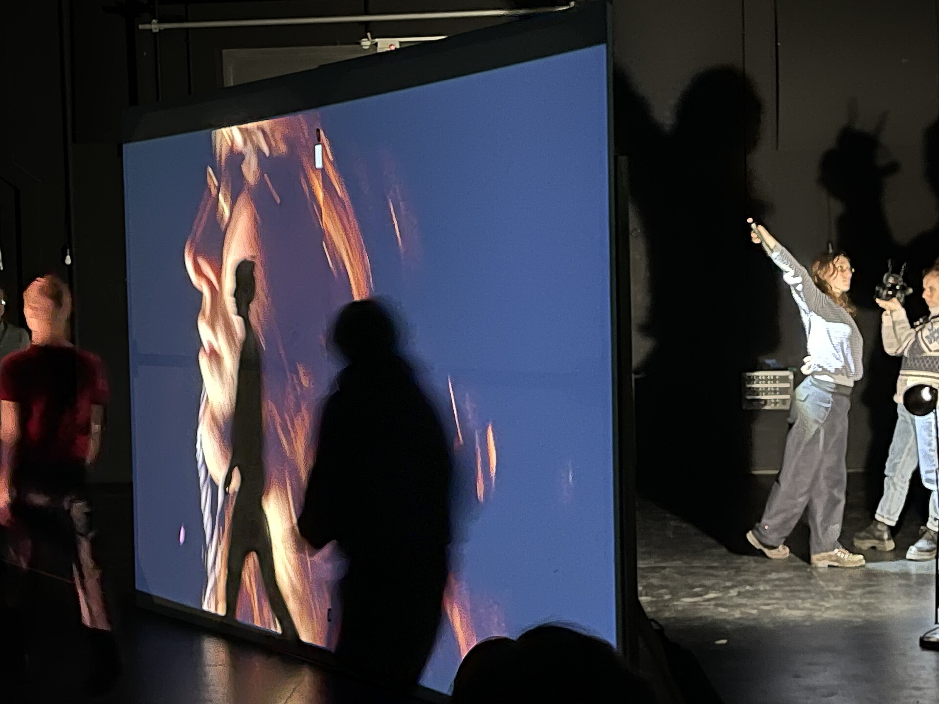 Das Bild zeigt eine Leinwand mitten in einem schwarzen Raum. Auf der Leinwand wird die Nahaufnahme von einem Gesicht gezeigt. Das Publikum bewegt sich im Raum.