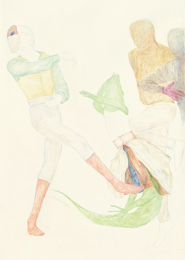 Soft, pastel colour drawing of an iguana, a masked and two faceless figures.