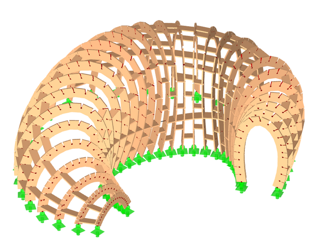 Die organische Tragstruktur des Pavillons aus Sperrholz in der Simulation.