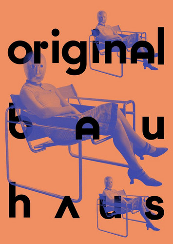 Postcard for the exhibition "Original Bauhaus" featuring a photography by Oskar Schlemmer