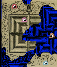 alte Karte eines Labyrinths mit kleinen bunten einäugigen Geistern.