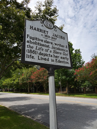 Sign with Information about Harriet Jacobs' life in Edenton.